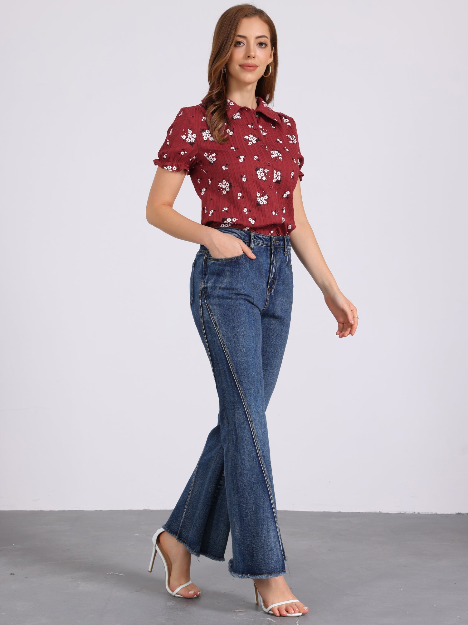 Floral Printed Peter Pan Collar Cotton Short Sleeve Shirt