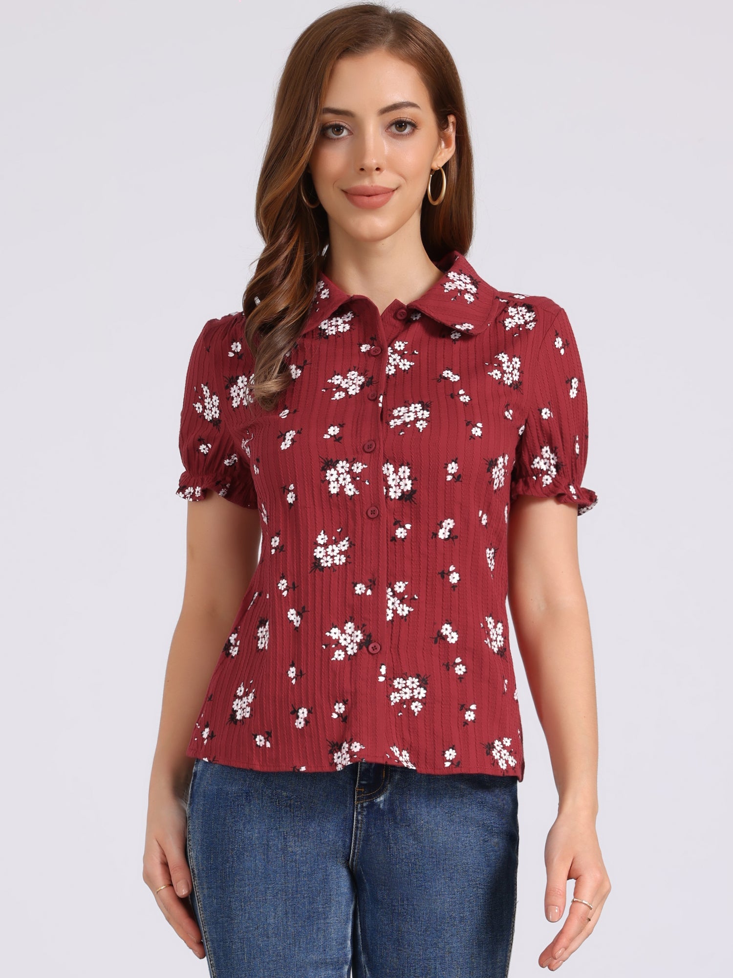 Floral Printed Peter Pan Collar Cotton Short Sleeve Shirt