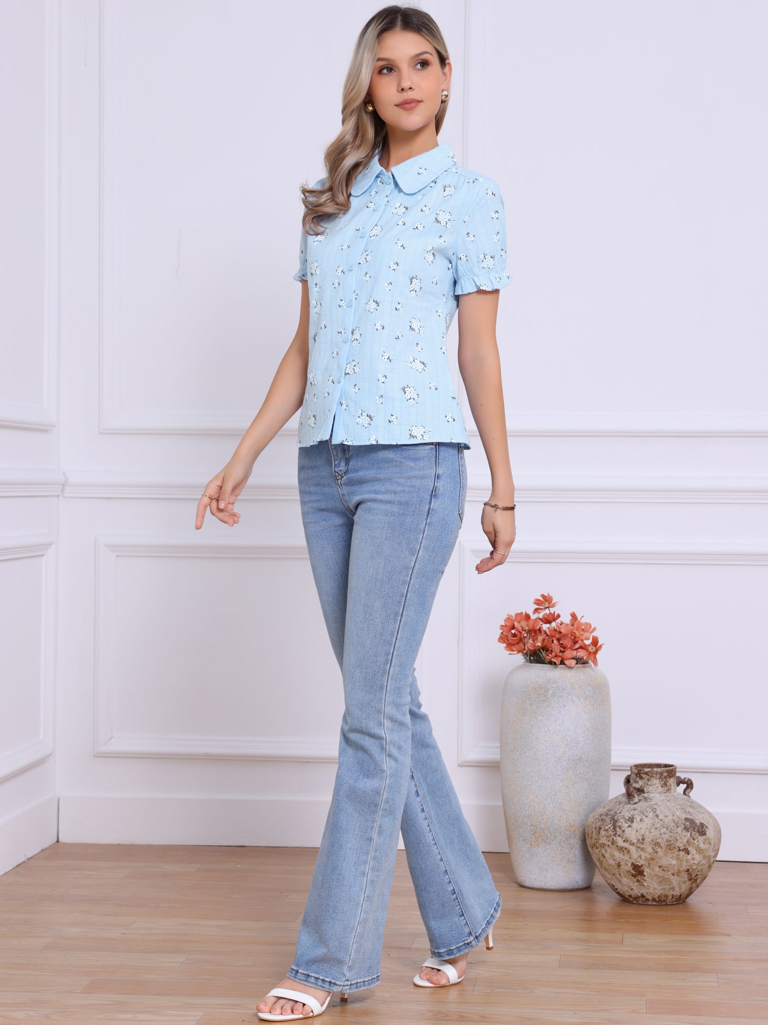 Floral Printed Peter Pan Collar Cotton Short Sleeve Shirt