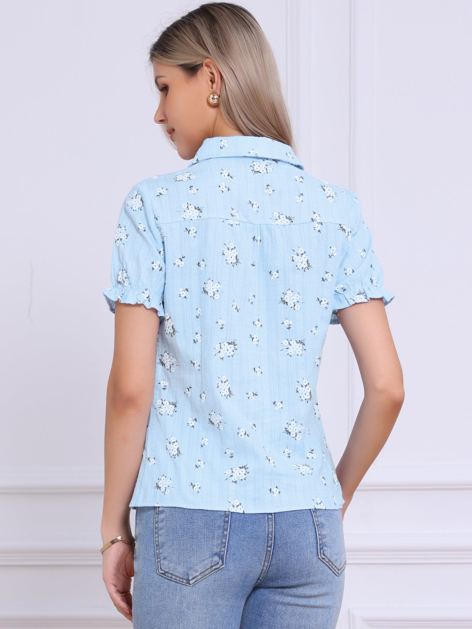 Floral Printed Peter Pan Collar Cotton Short Sleeve Shirt