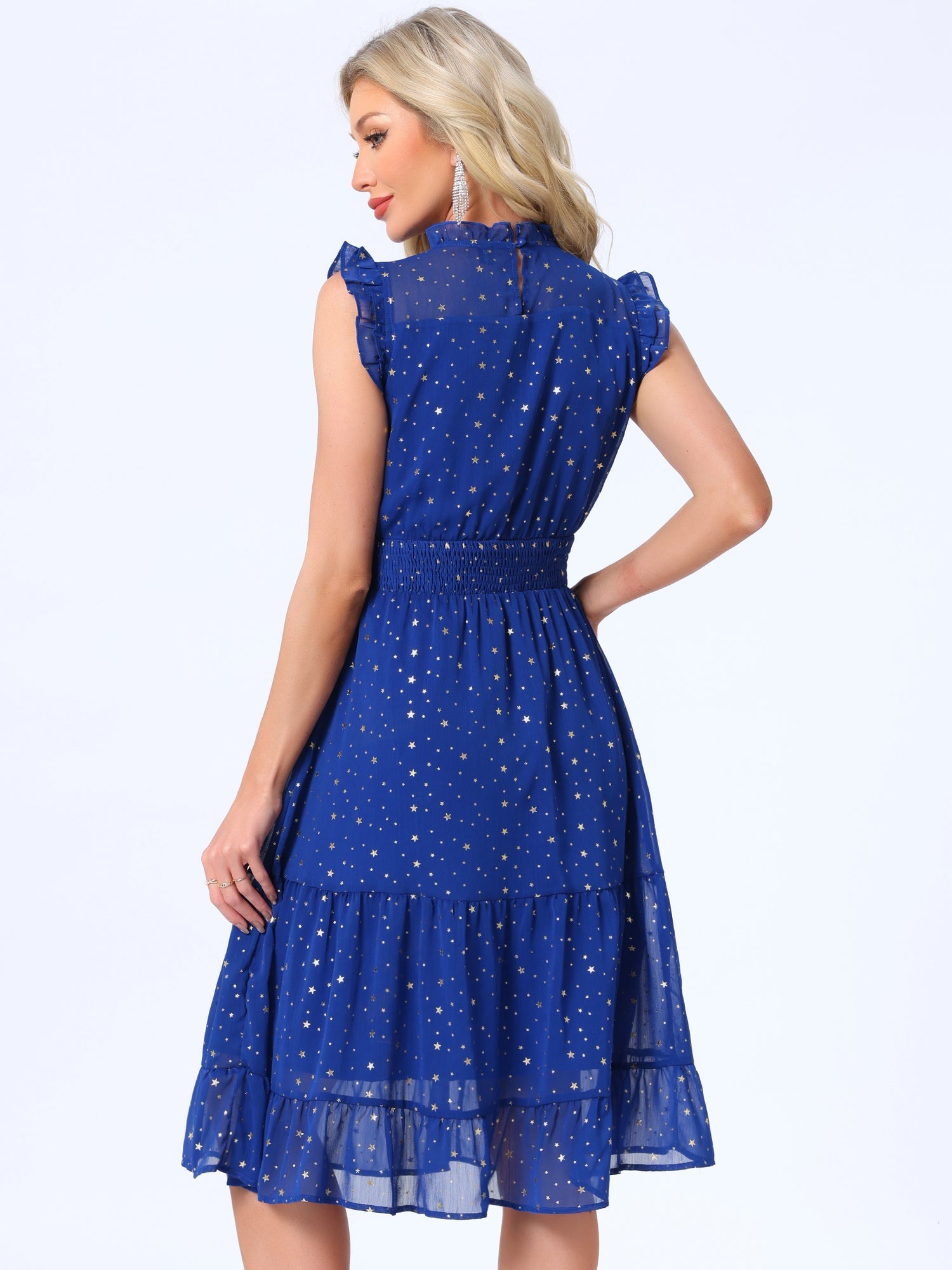 Chiffon Sleeveless Smocked Waist Gilding Metallic Stars Party Dress