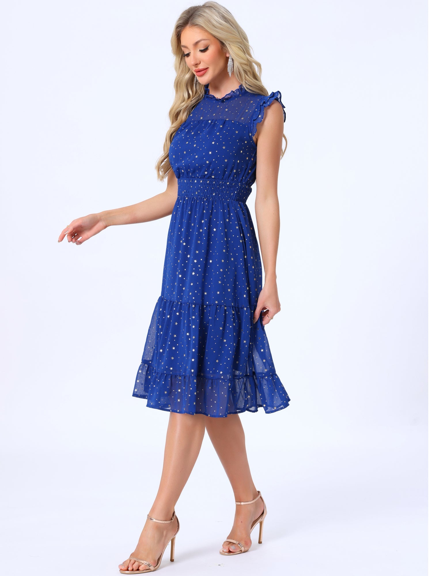 Chiffon Sleeveless Smocked Waist Gilding Metallic Stars Party Dress