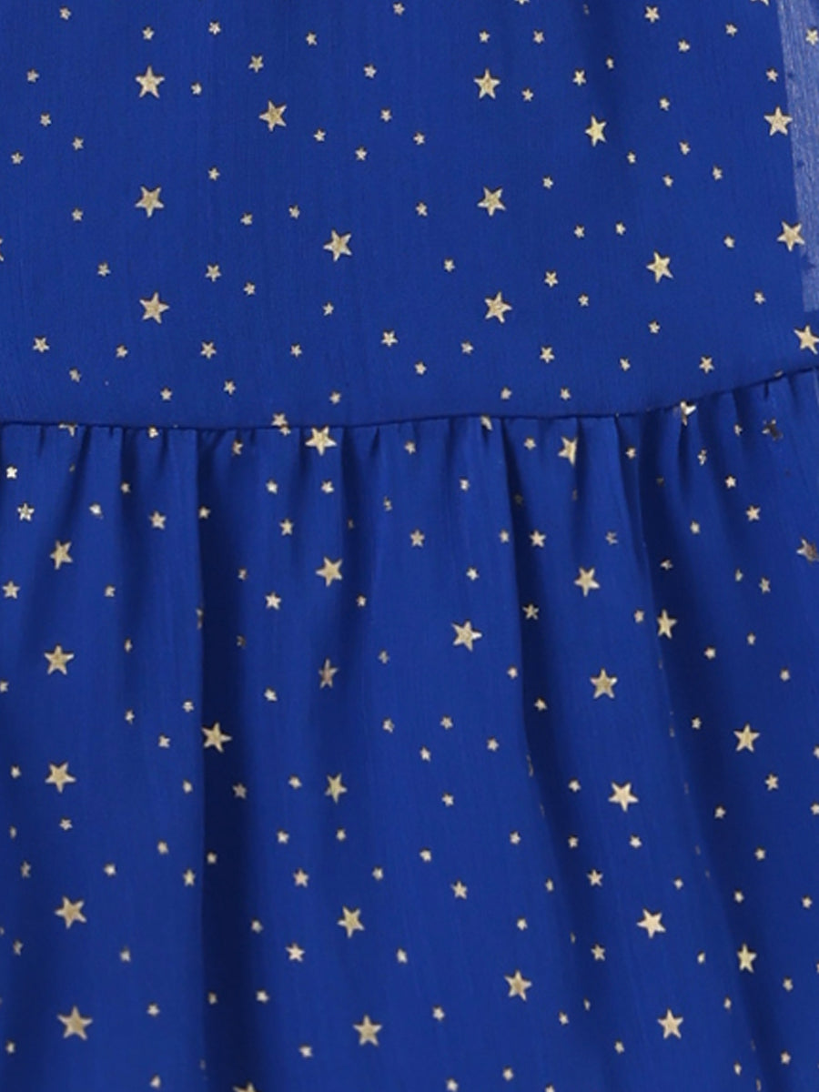Chiffon Sleeveless Smocked Waist Gilding Metallic Stars Party Dress
