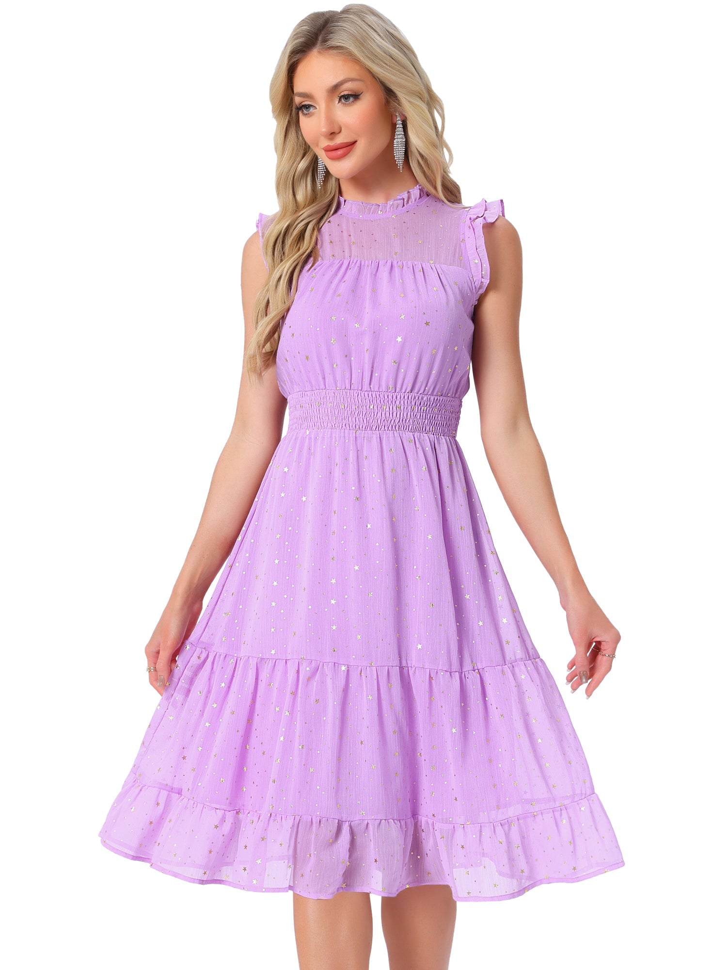 Chiffon Sleeveless Smocked Waist Gilding Metallic Stars Party Dress
