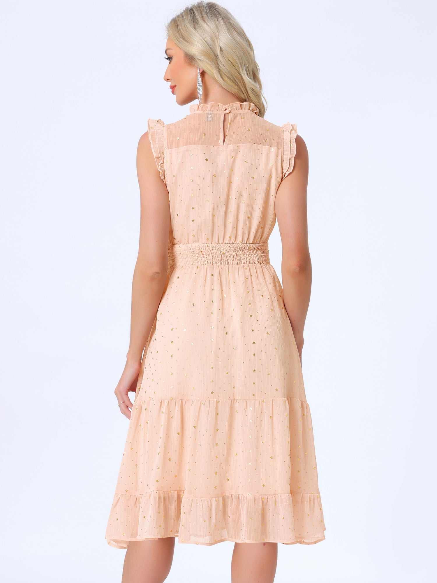Chiffon Sleeveless Smocked Waist Gilding Metallic Stars Party Dress