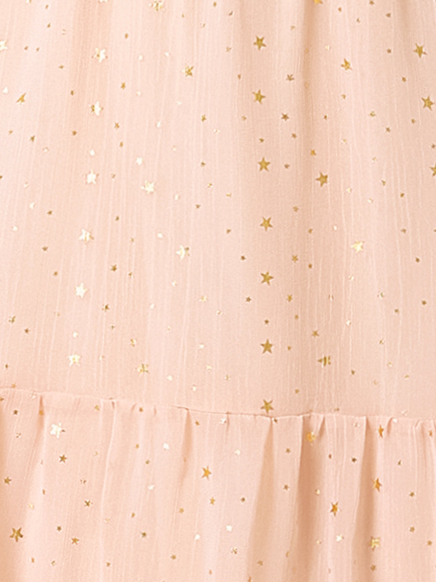 Chiffon Sleeveless Smocked Waist Gilding Metallic Stars Party Dress