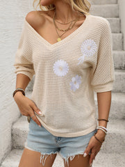 Floral Embroidery 3/4 Sleeves Casual Blouse