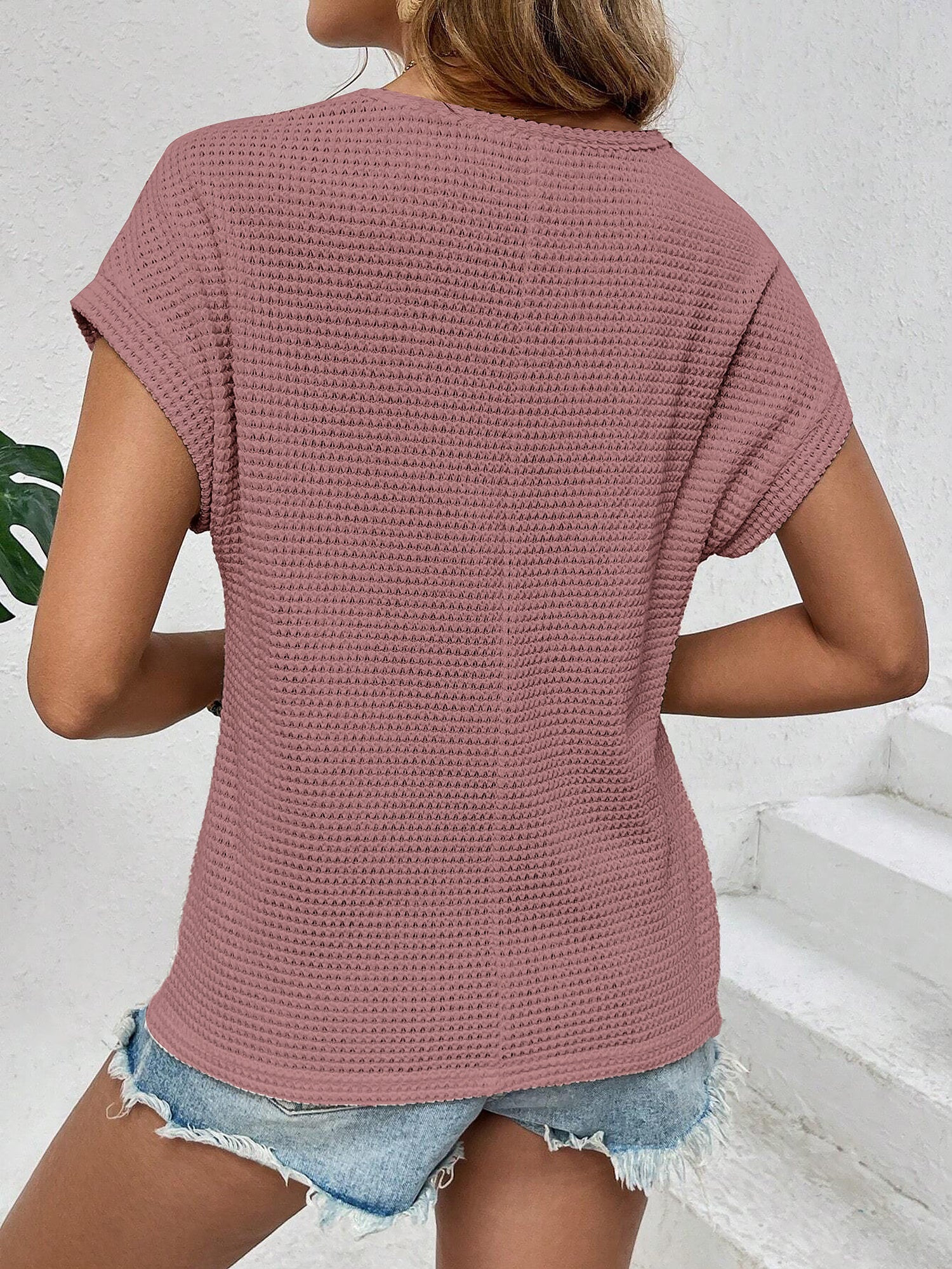 Round Neck Short Sleeves Eyelet Casual Blouse