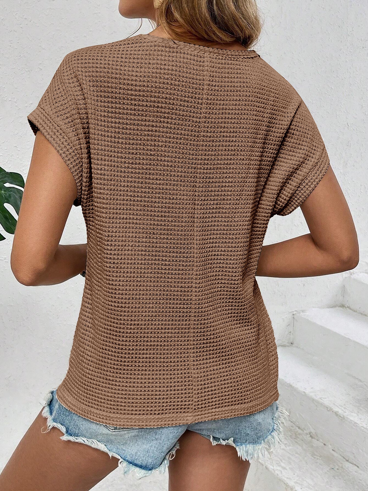 Round Neck Short Sleeves Eyelet Casual Blouse