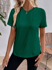 Solid Color Round Neck Short Sleeve Blouse