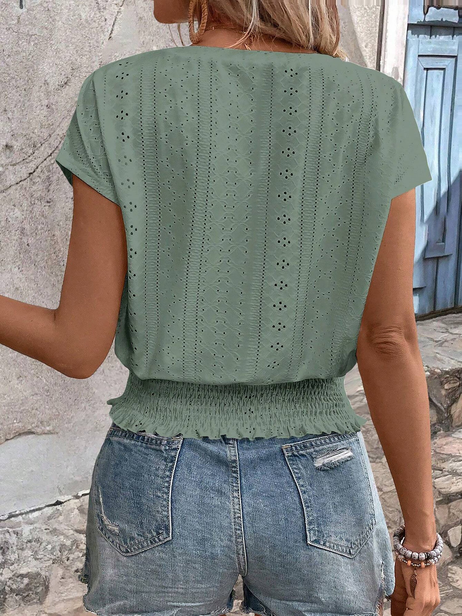 Round Neck Short Sleeve Eyelet Smocked Blouse