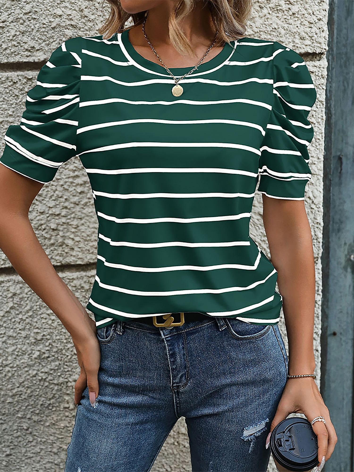 Striped Round Neck Puff Short Sleeves Blouse