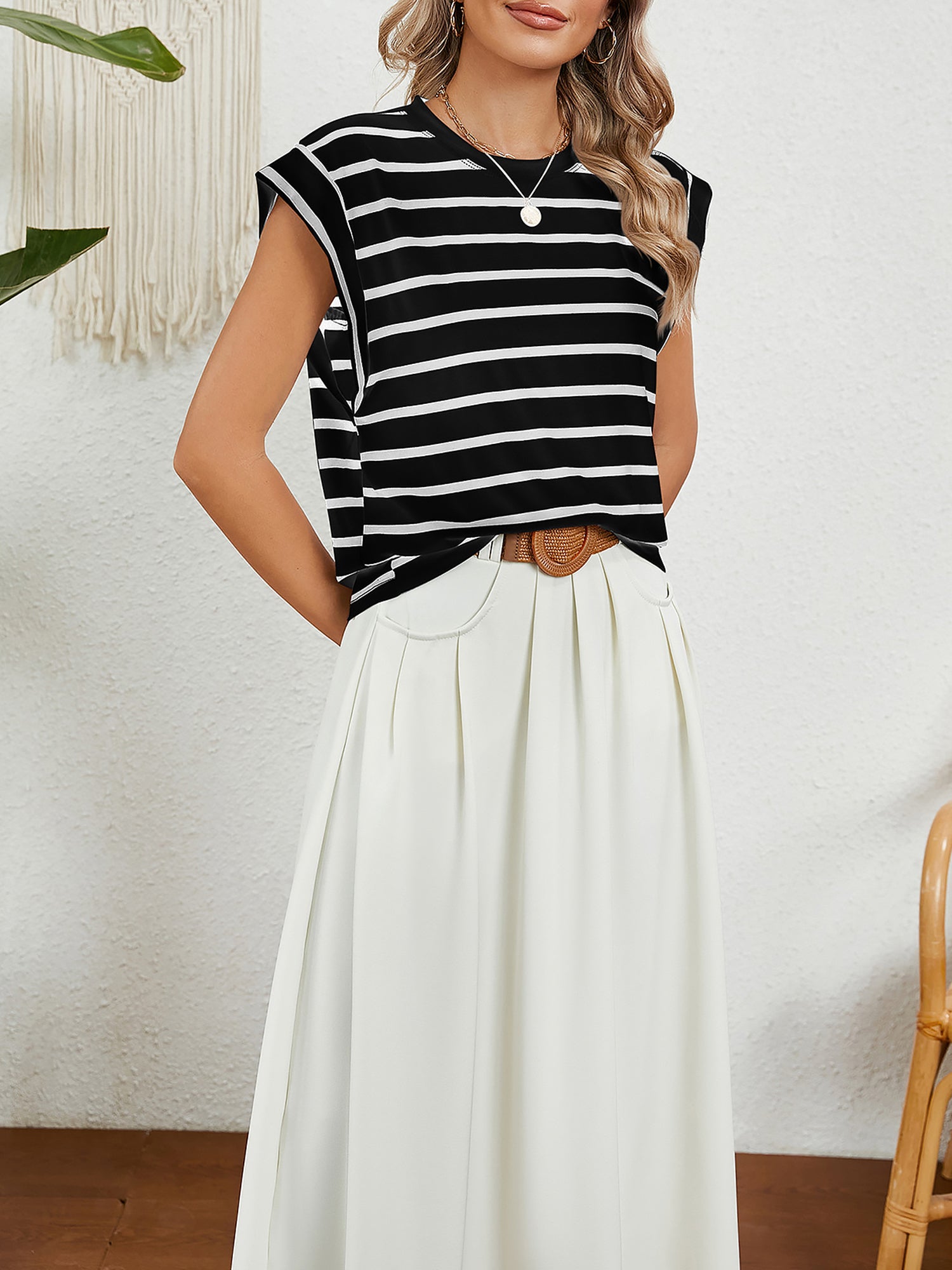Round Neck Cap Sleeves Striped Casual Blouse