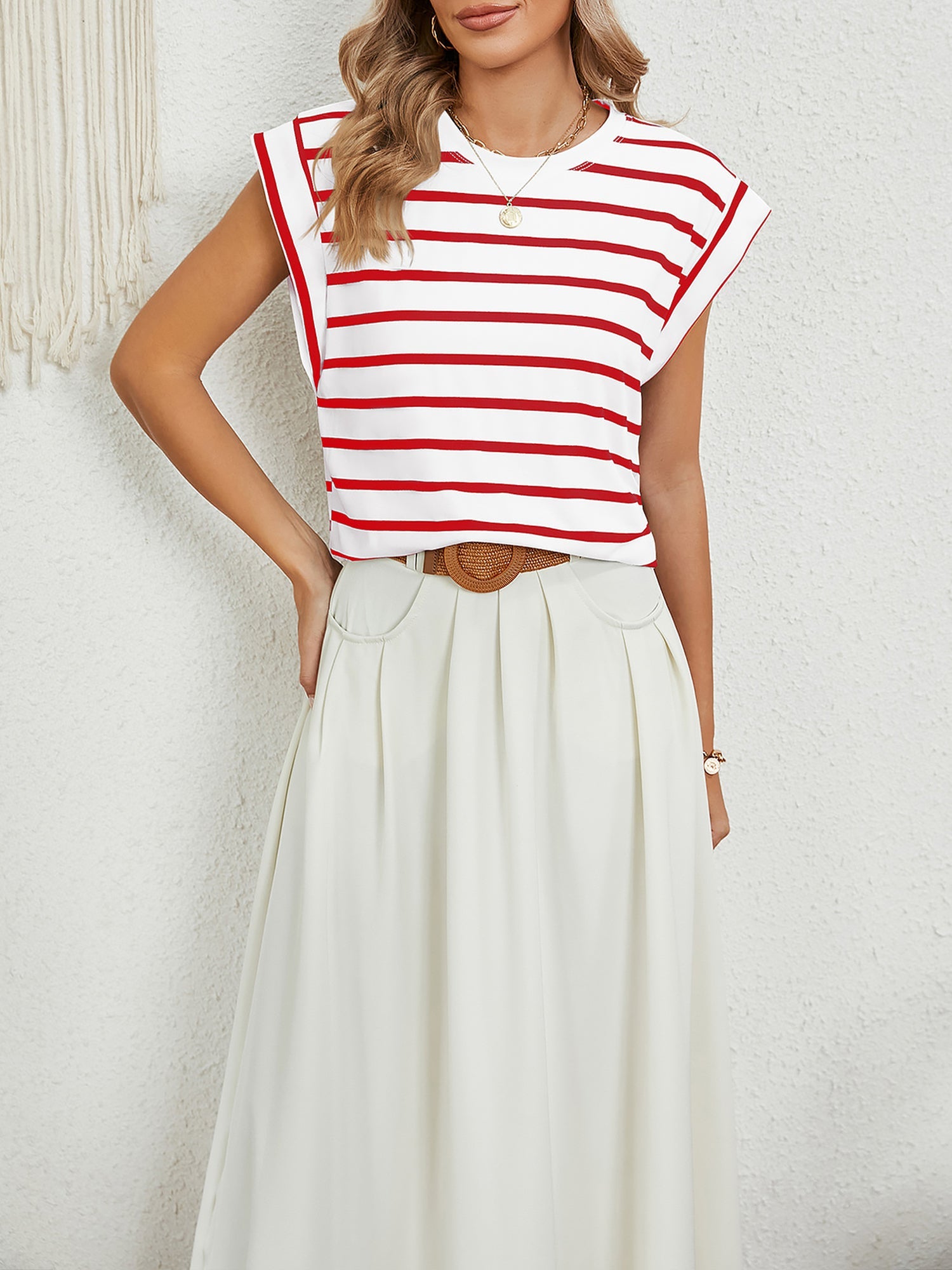 Round Neck Cap Sleeves Striped Casual Blouse