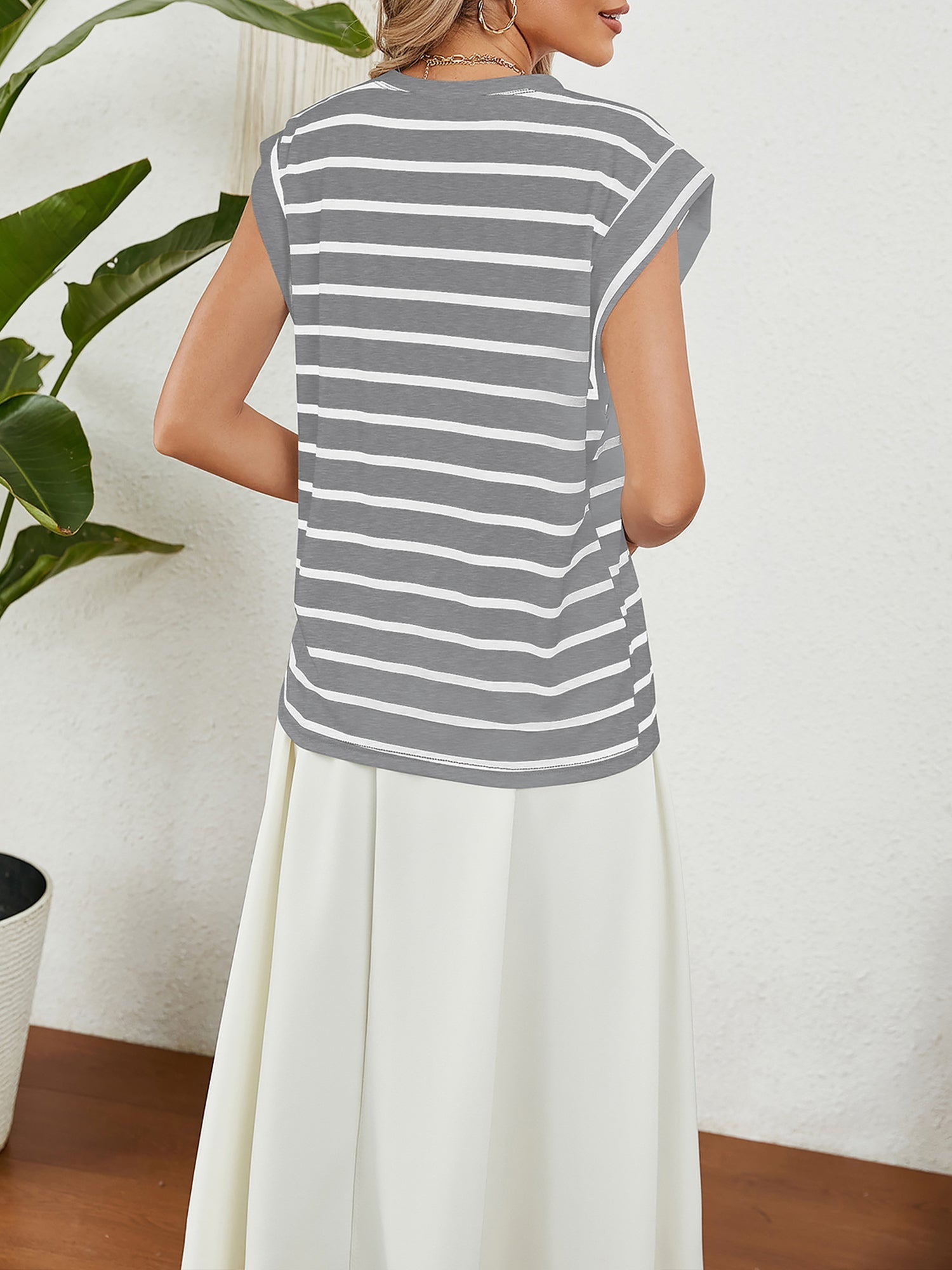 Round Neck Cap Sleeves Striped Casual Blouse