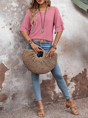 Solid Color V Neck Layered Sleeve Casual Blouse