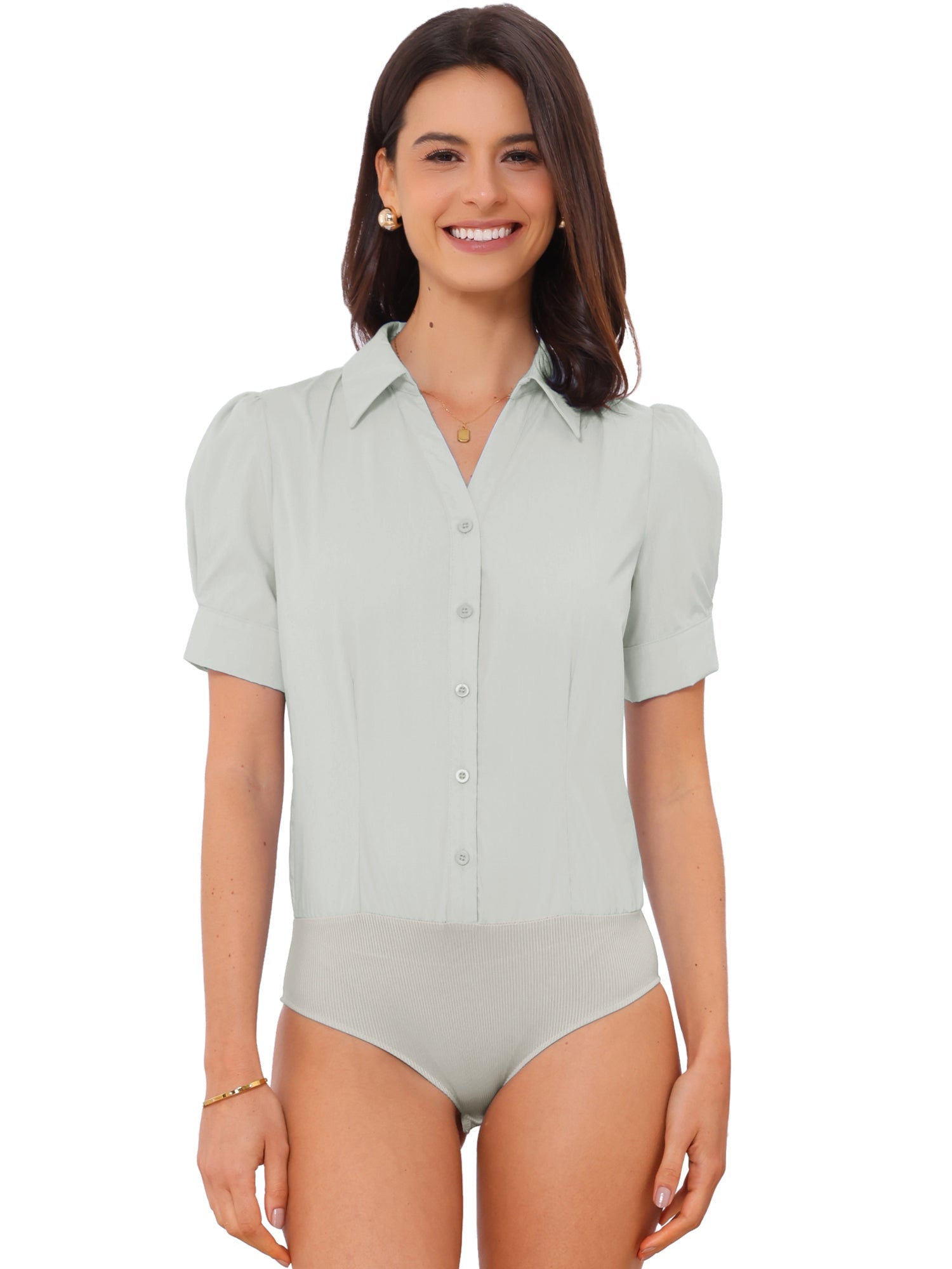 Button Down Leotard Shirt Short Sleeve Collared Business Work Bodysuit