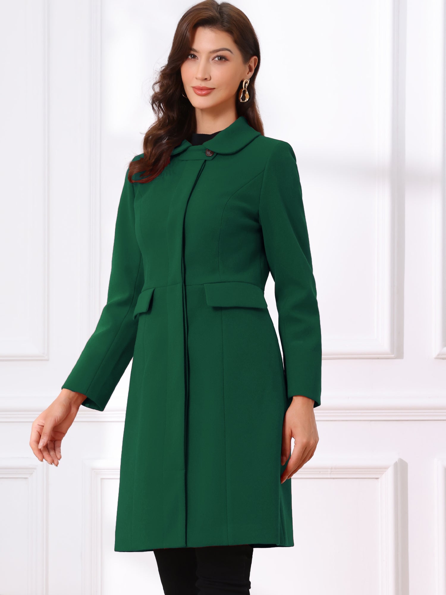 Peter Pan Collar Button Down Long Sleeve Pockets Long Winter Coat