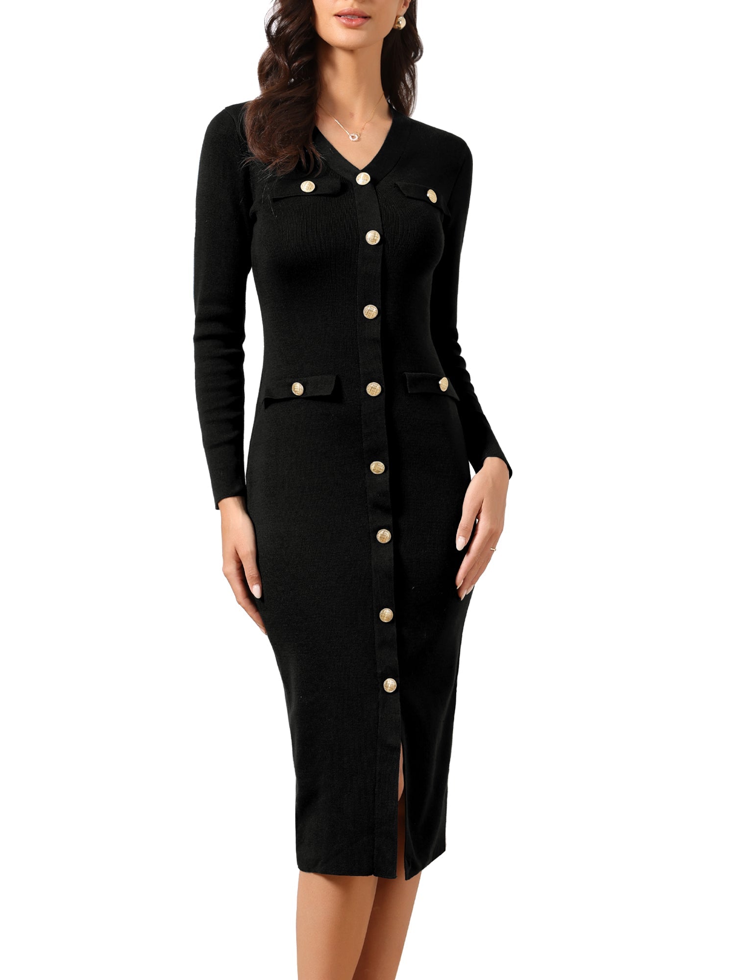Button Decor Knit Bodycon Midi Sweater Dress