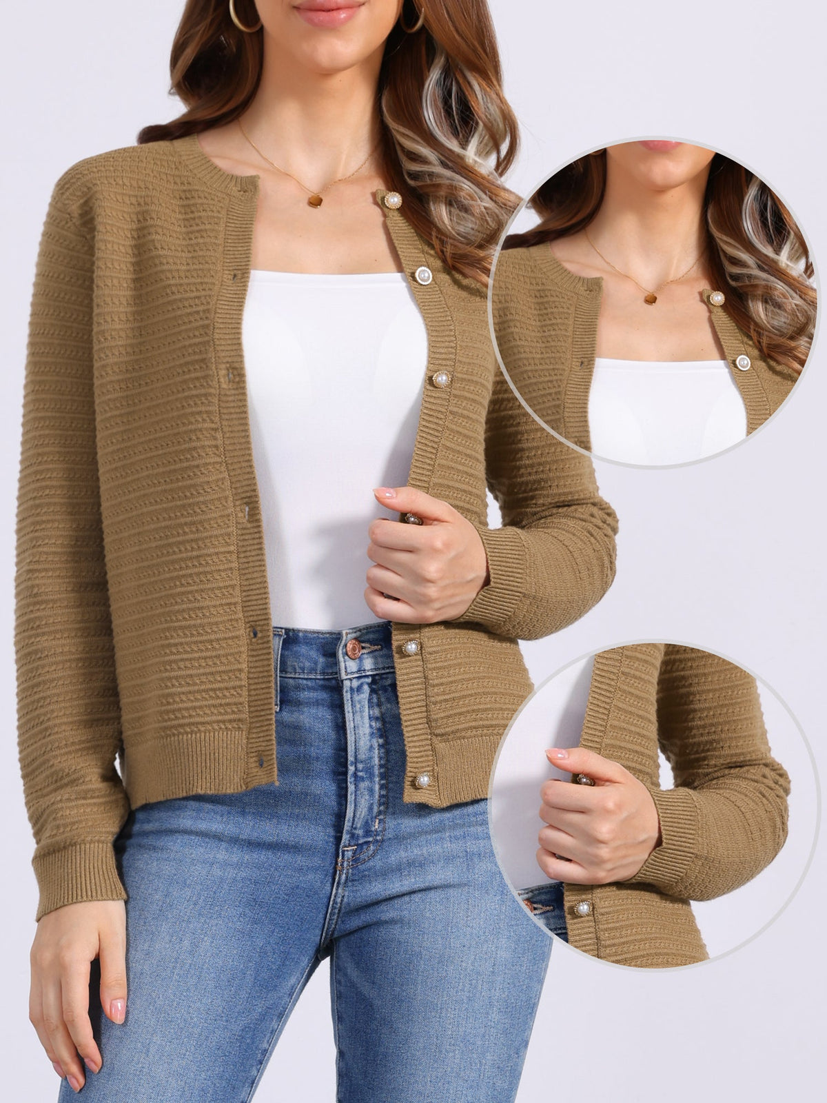Crew Neck Button Down Long Sleeves Knitted Cardigan