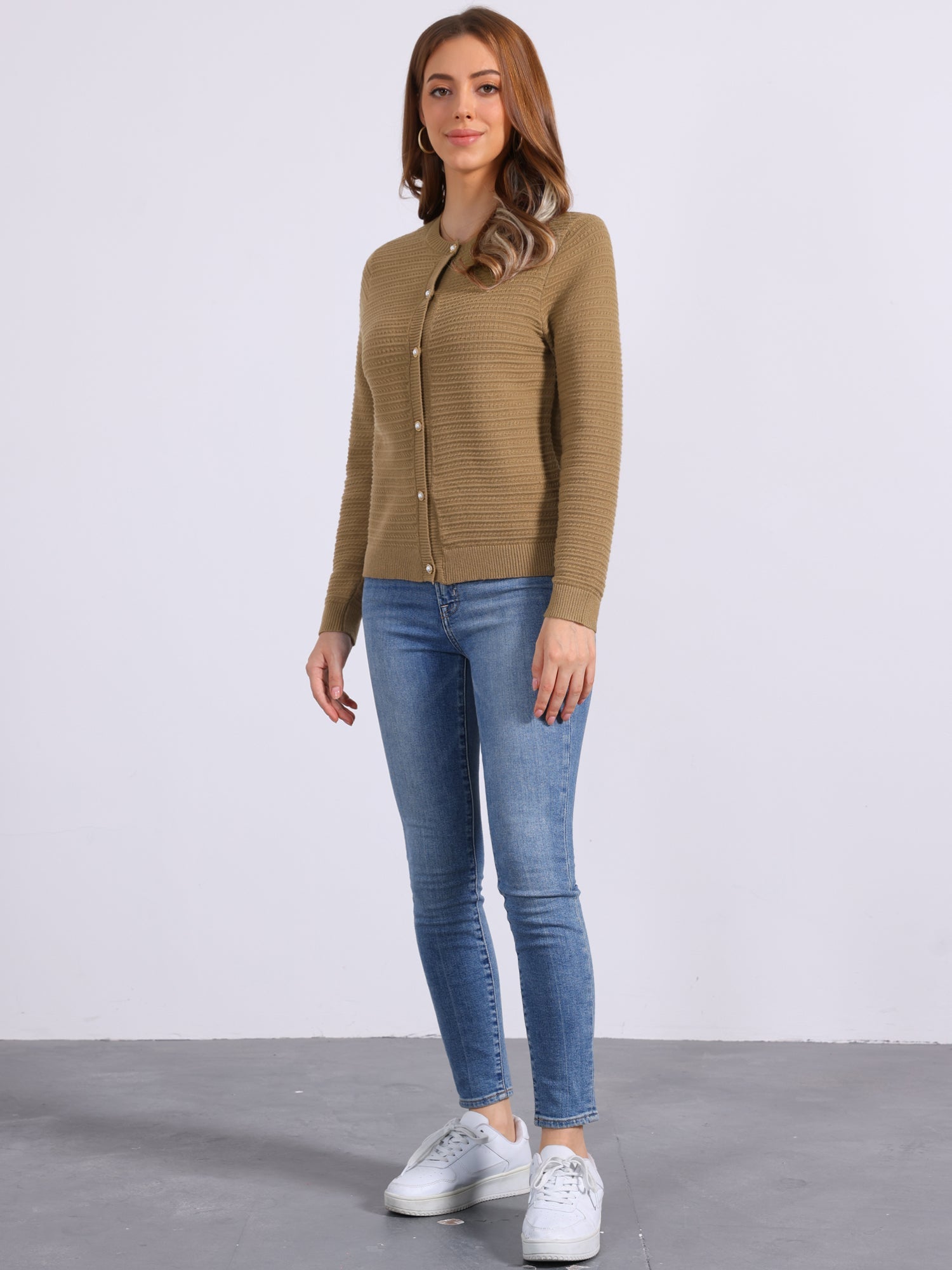 Crew Neck Button Down Long Sleeves Knitted Cardigan