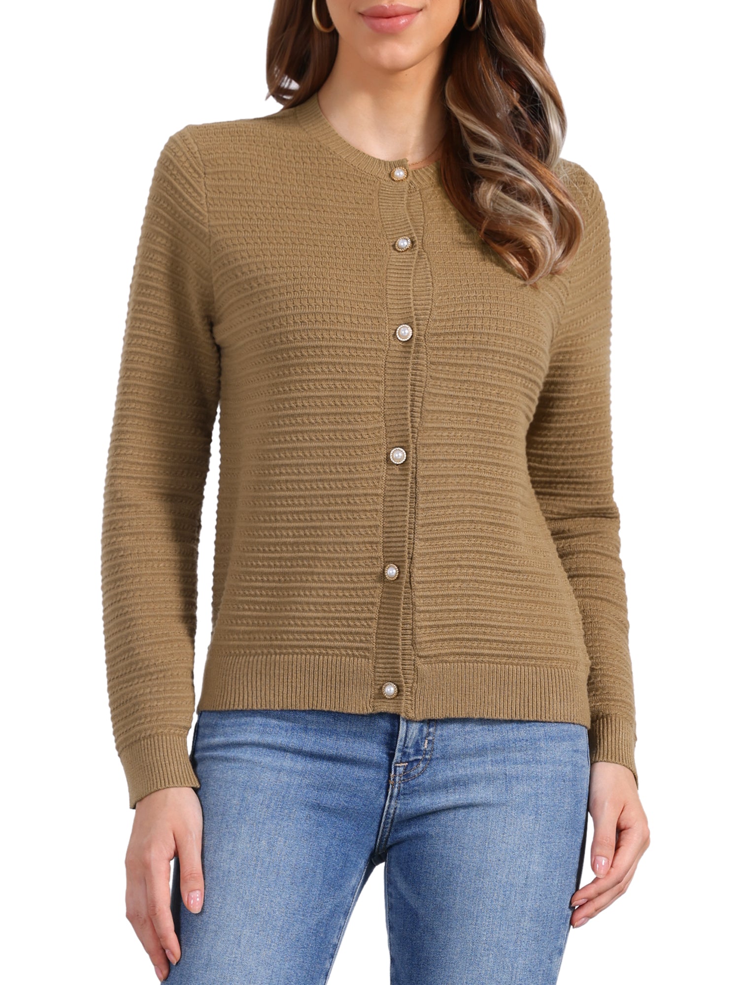 Crew Neck Button Down Long Sleeves Knitted Cardigan