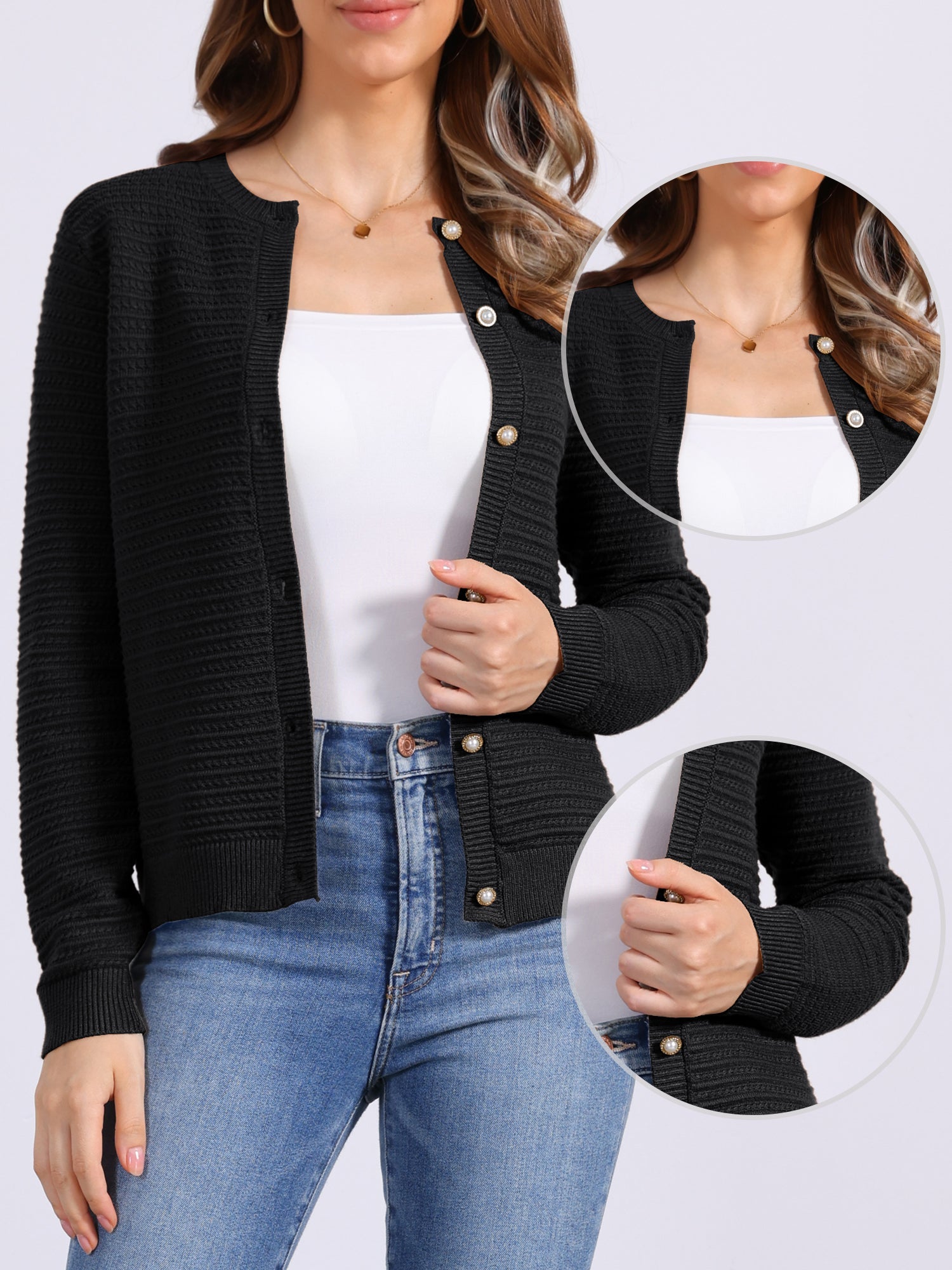 Crew Neck Button Down Long Sleeves Knitted Cardigan