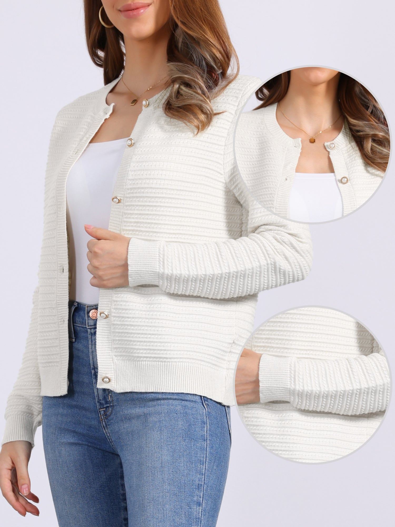 Crew Neck Button Down Long Sleeves Knitted Cardigan