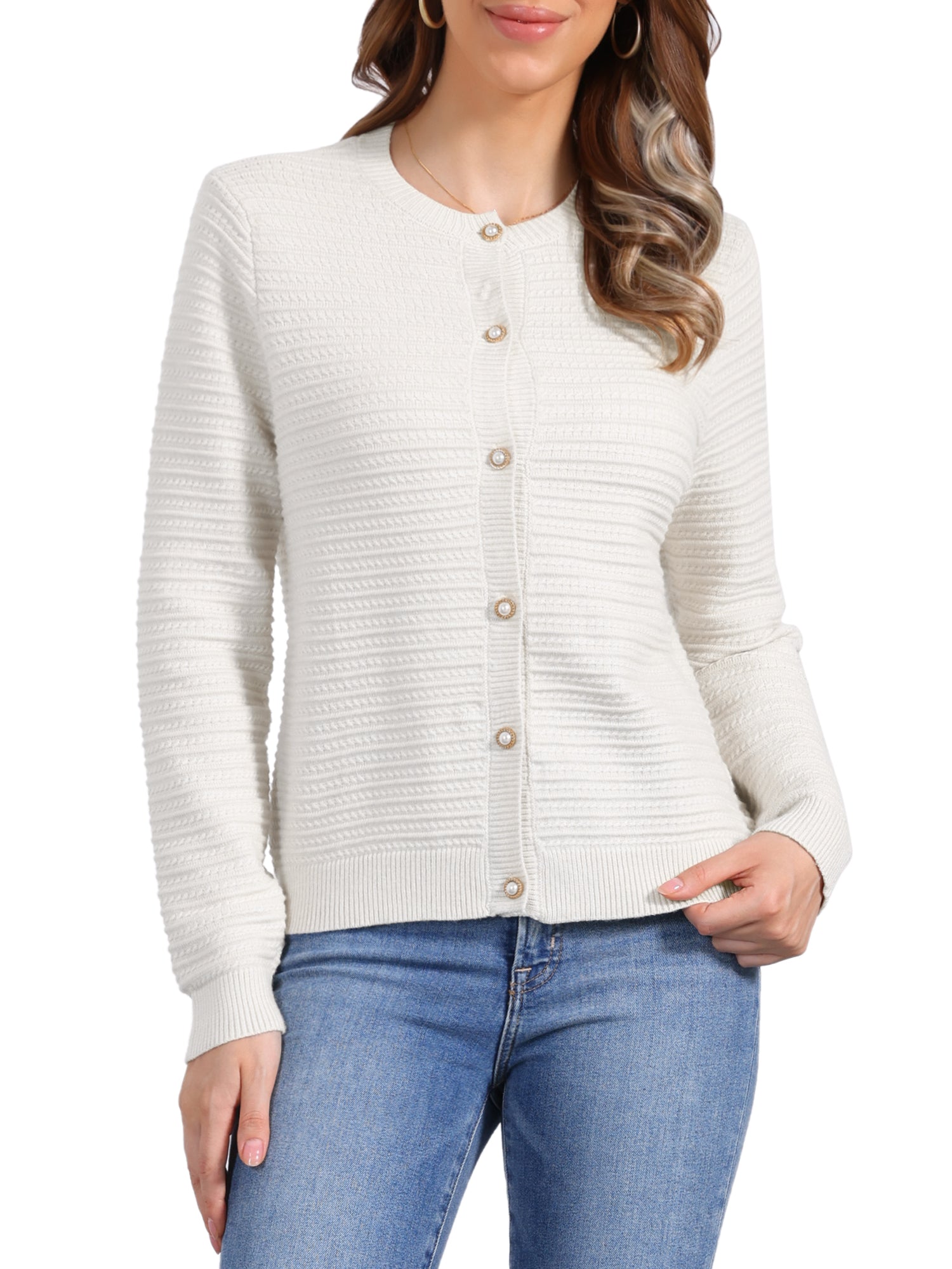 Crew Neck Button Down Long Sleeves Knitted Cardigan