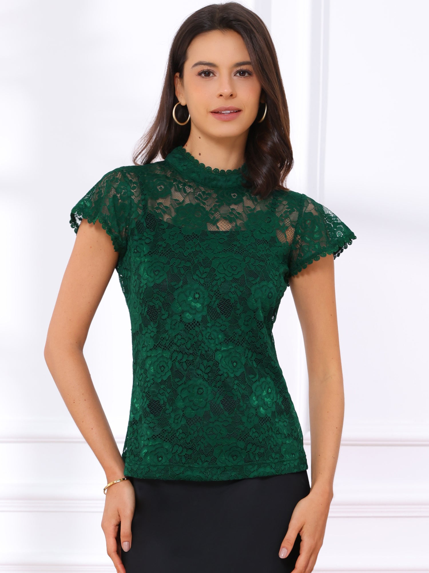 Elegant Floral Lace Short Sleeve Keyhole Back Fitted Blouse