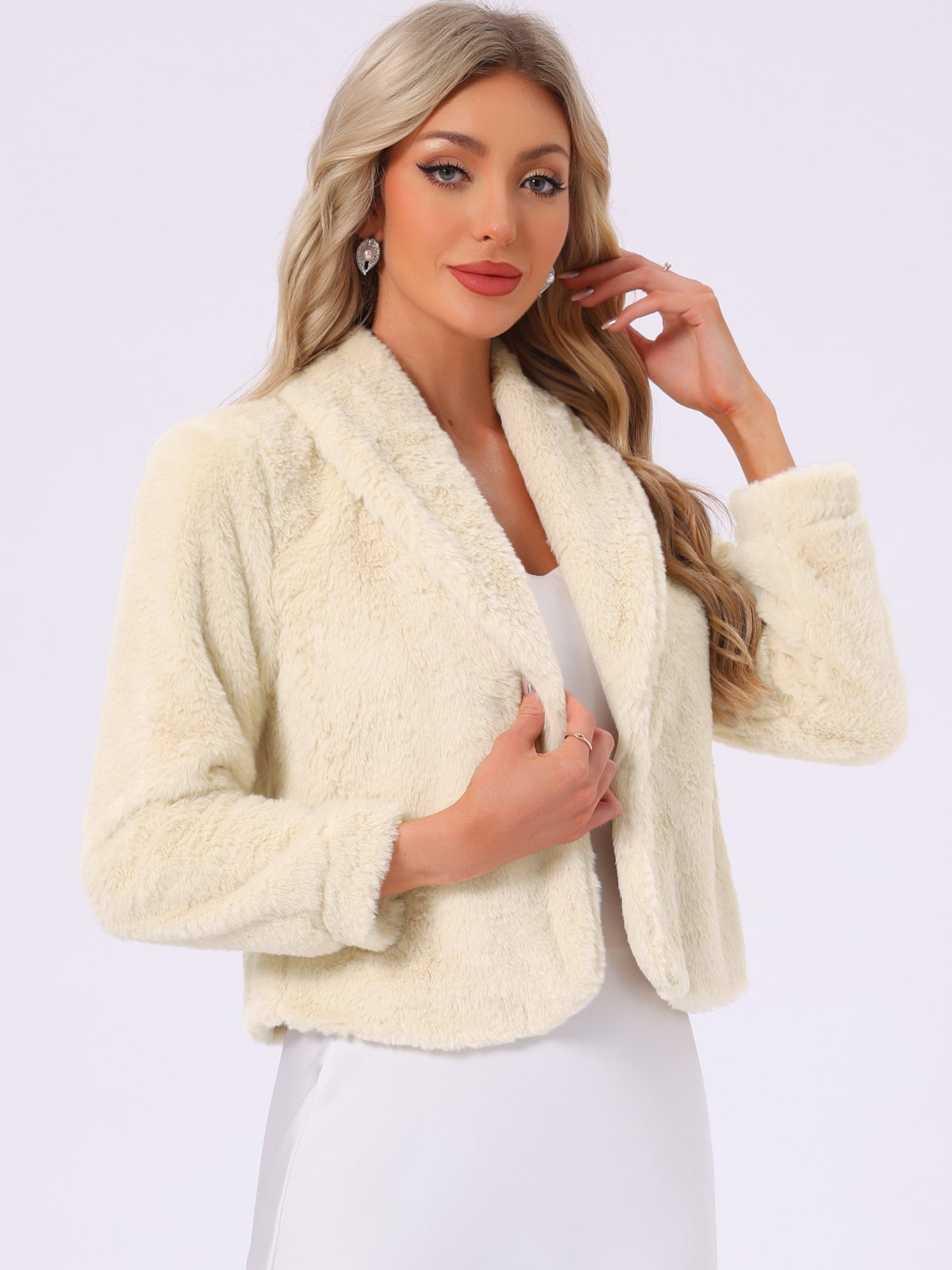 Winter Cropped Jacket Lapel Long Sleeve Faux Fur Fluffy Coat