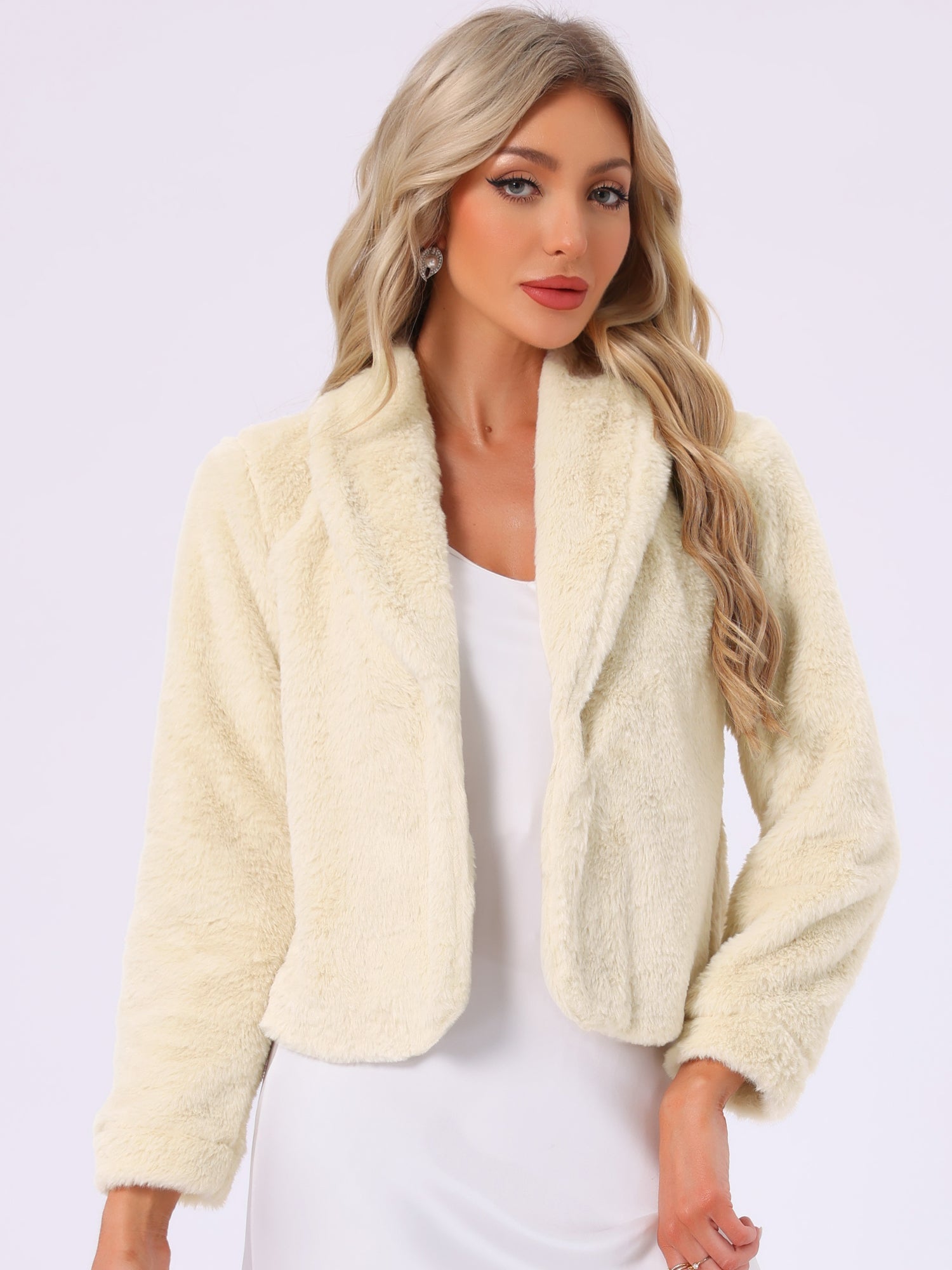 Winter Cropped Jacket Lapel Long Sleeve Faux Fur Fluffy Coat