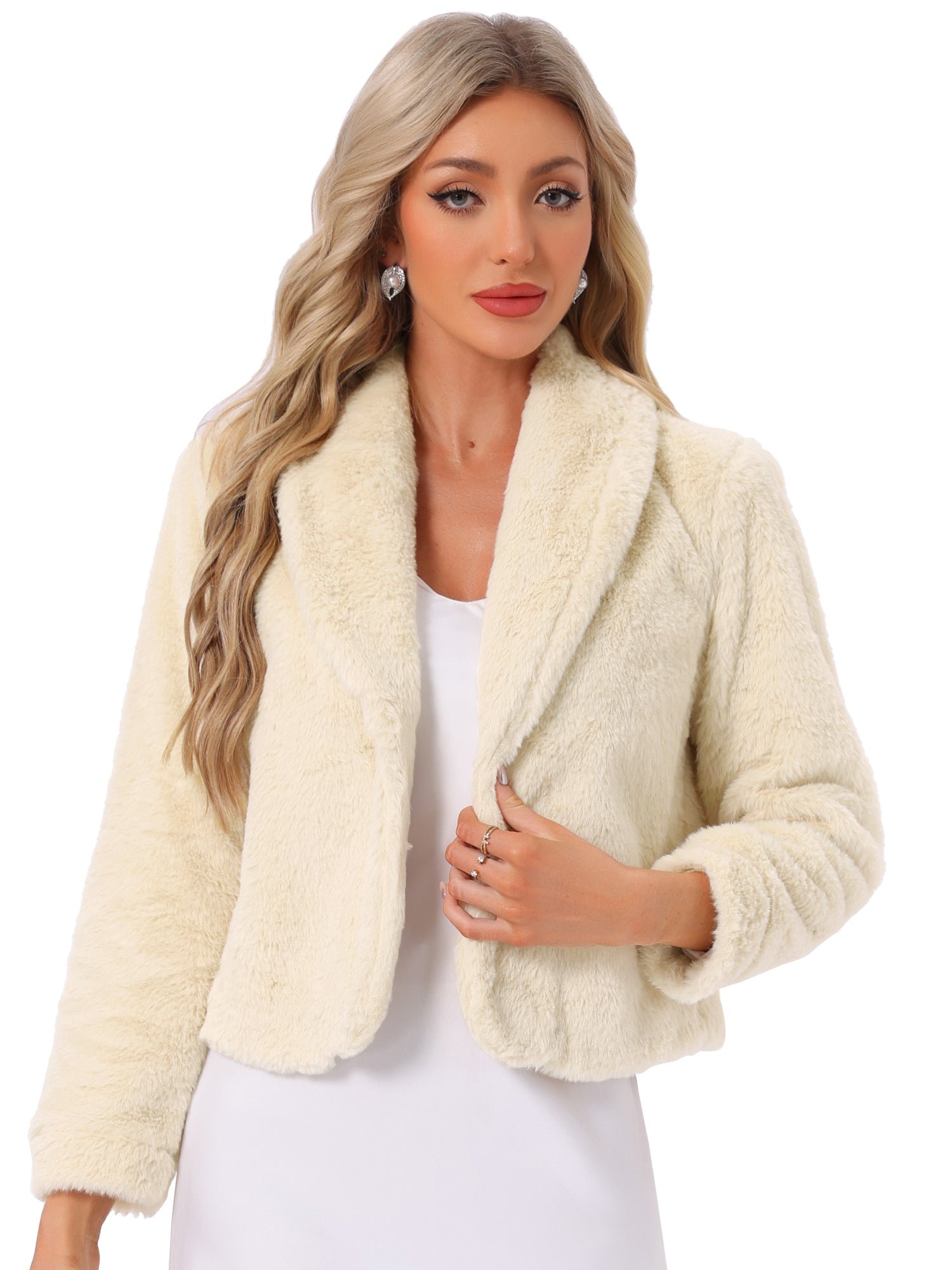 Winter Cropped Jacket Lapel Long Sleeve Faux Fur Fluffy Coat