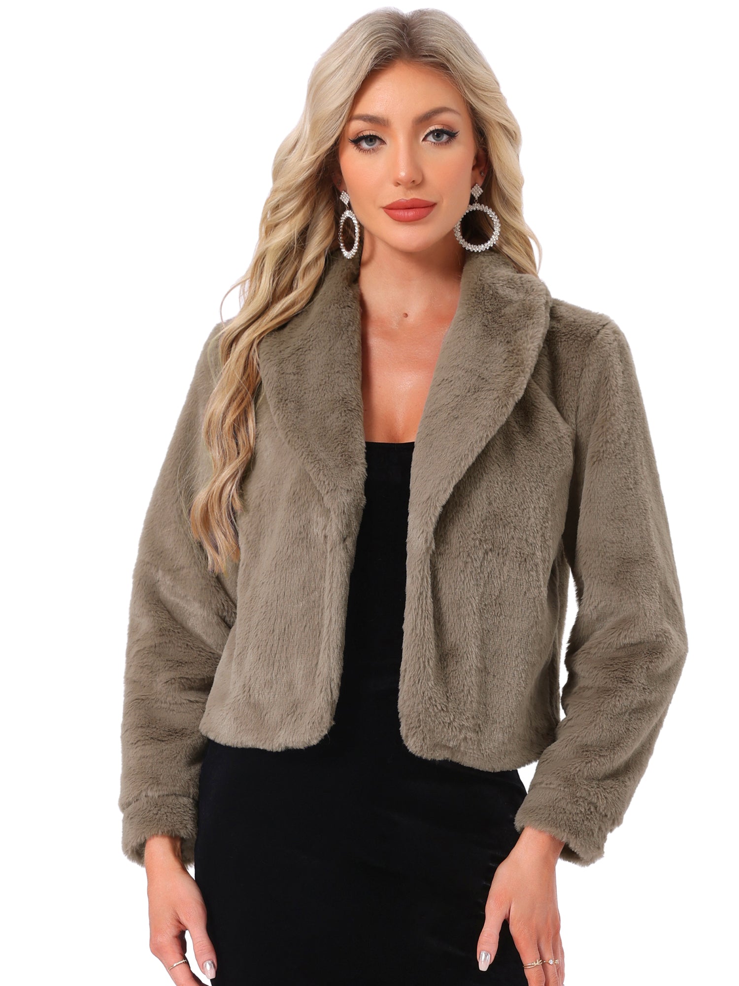 Winter Cropped Jacket Lapel Long Sleeve Faux Fur Fluffy Coat