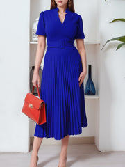 Short Sleeve Belted Pleated Work Midi Dress Professional Office Style Cinched Waist and Flared Pleats