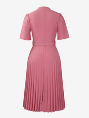 Short Sleeve Belted Pleated Work Midi Dress Professional Office Style Cinched Waist and Flared Pleats