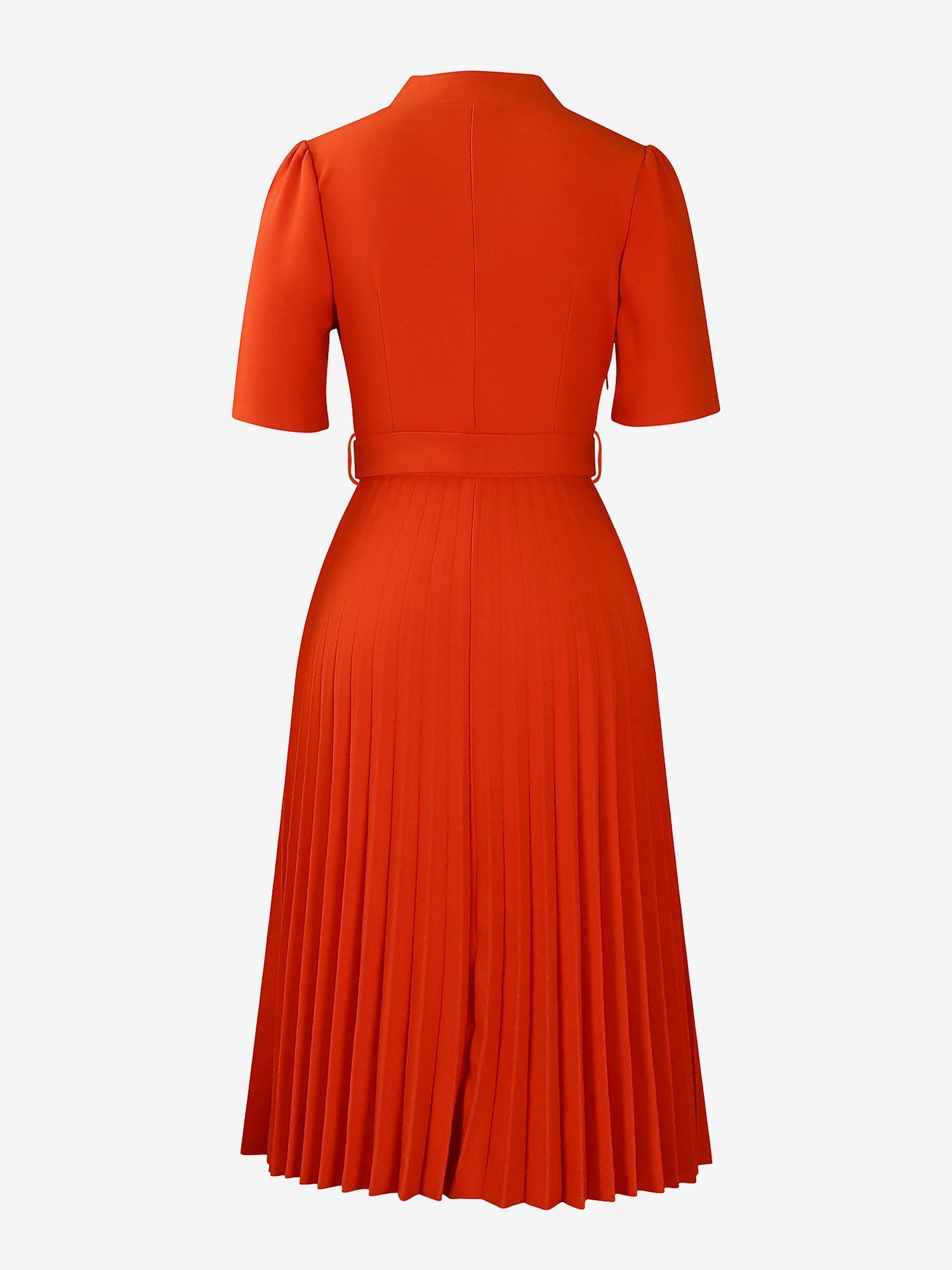 Short Sleeve Belted Pleated Work Midi Dress Professional Office Style Cinched Waist and Flared Pleats