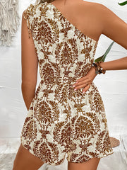 Boho Floral One Shoulder Tie Waist Short Jumpsuits Rompers