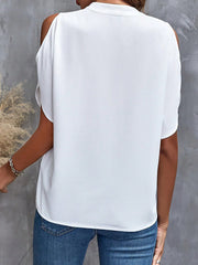 Notch Neck Cold Shoulder Solid Color Blouse