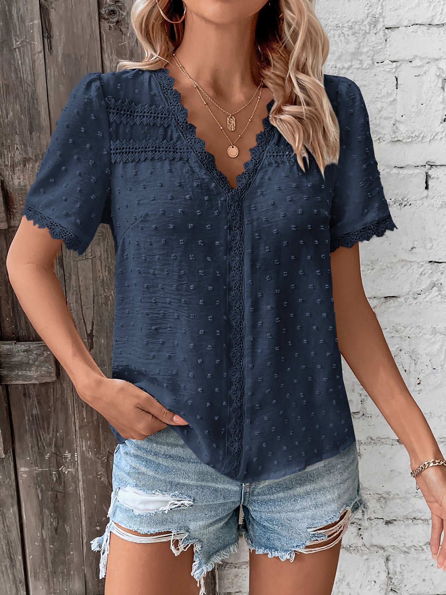 Lace Trimmed Swiss Dots Short Sleeves Blouse