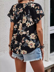 Floral V Neck Short Sleeve Casual Blouse