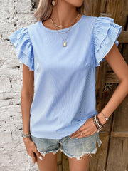 Round Neck Casual Ruffled Sleeve Striped Blouse