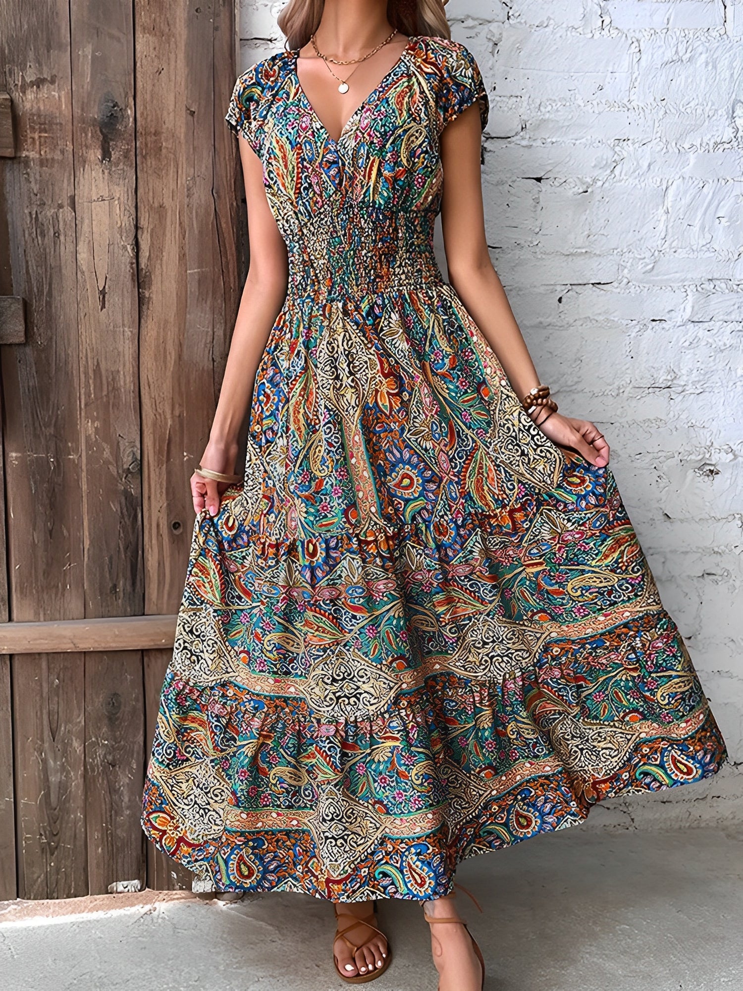 Colorful Long Dress Foreign Trade V Neck High Waist Skirt