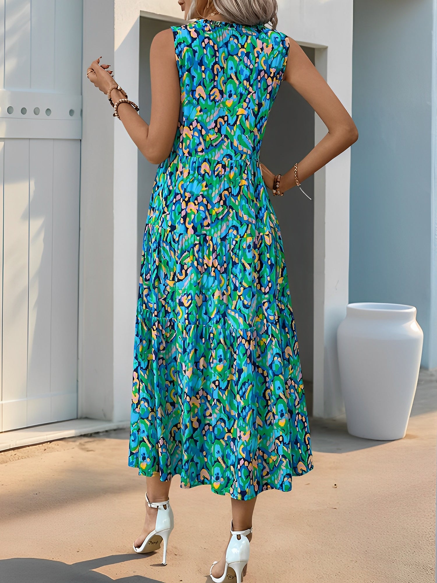 Graphic Sleeveless Tiered A-Line Midi Dress