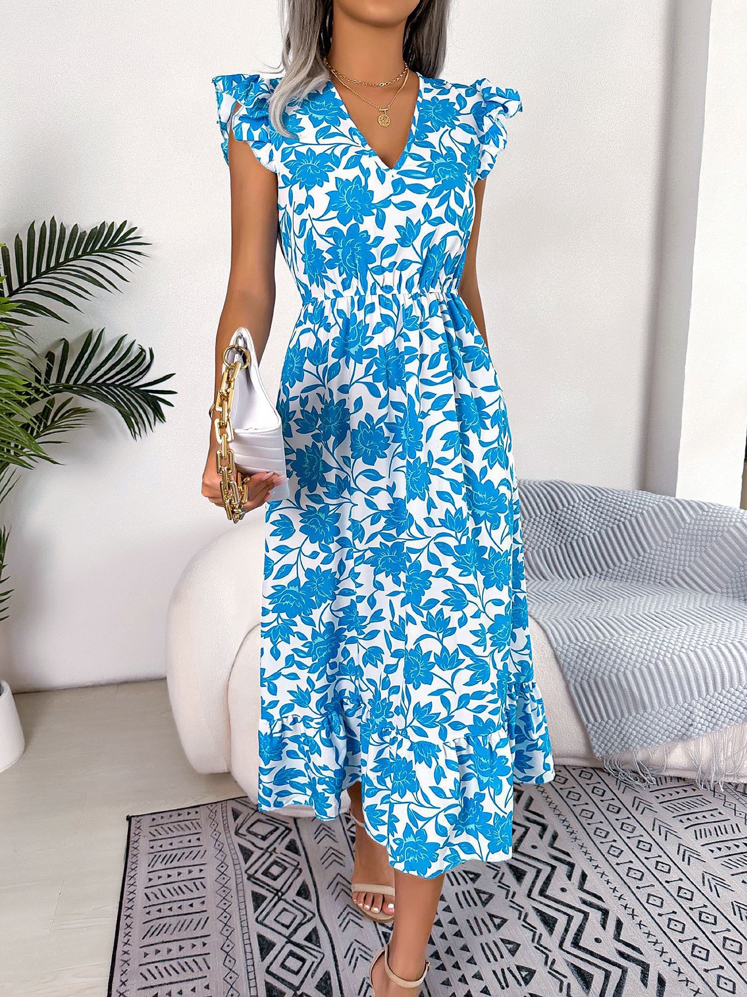 Floral Ruffled Cap Sleeves A-Line Midi Dress