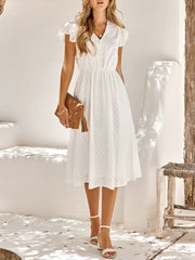 Ruffled Short Sleeves Textured A-Line Midi Dress