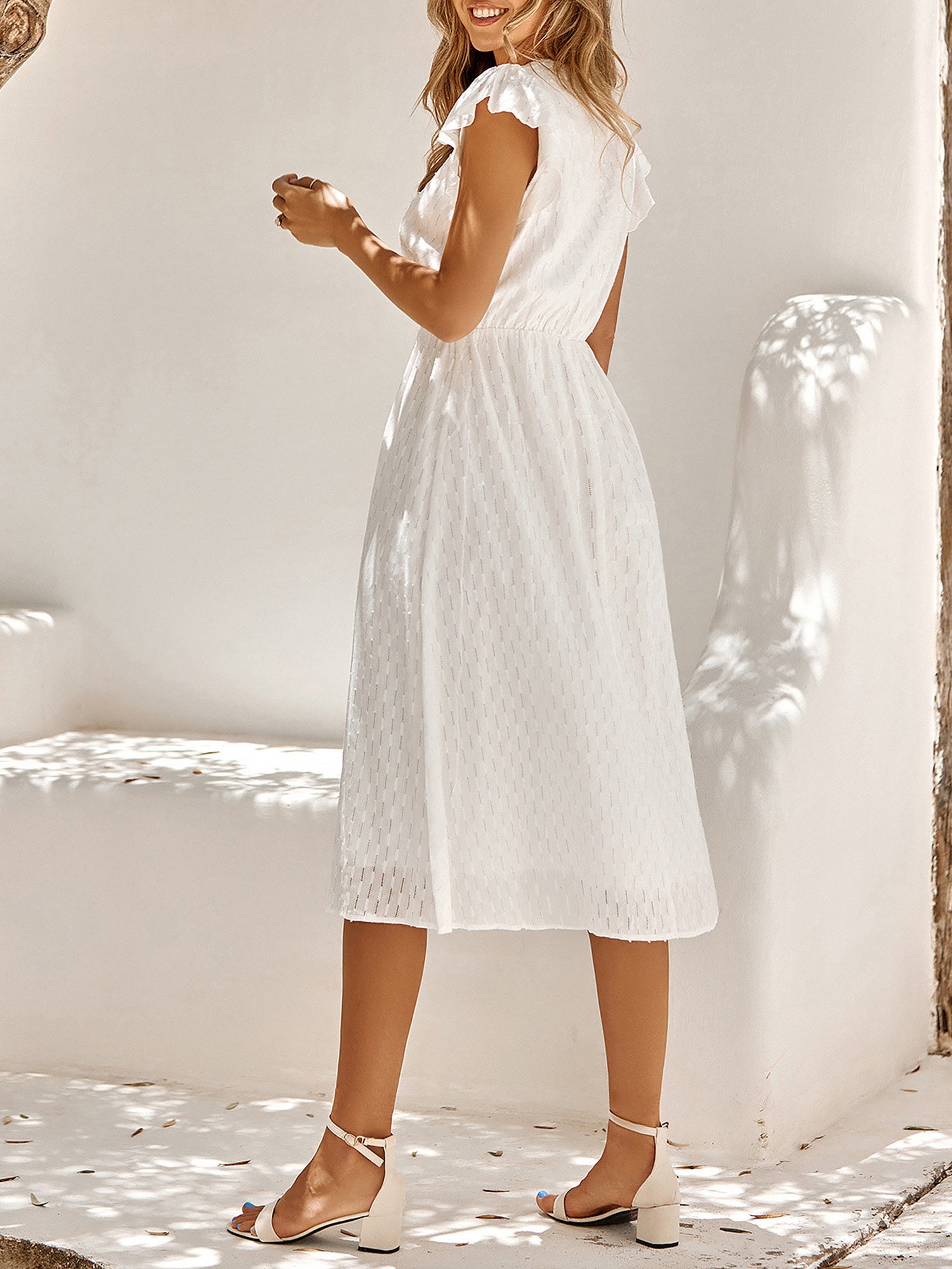 Ruffled Short Sleeves Textured A-Line Midi Dress