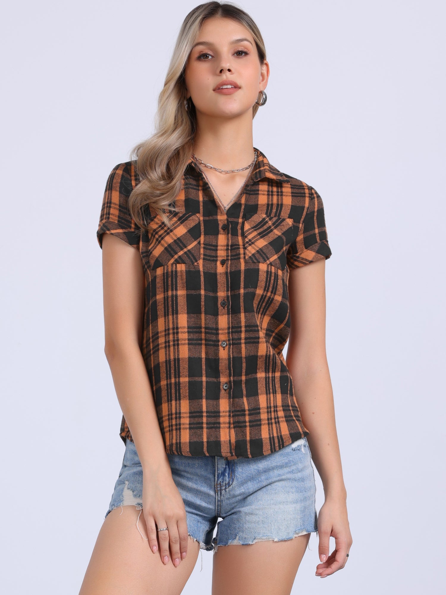 Cotton Classic Button Down Plaid Short Sleeve Shirt