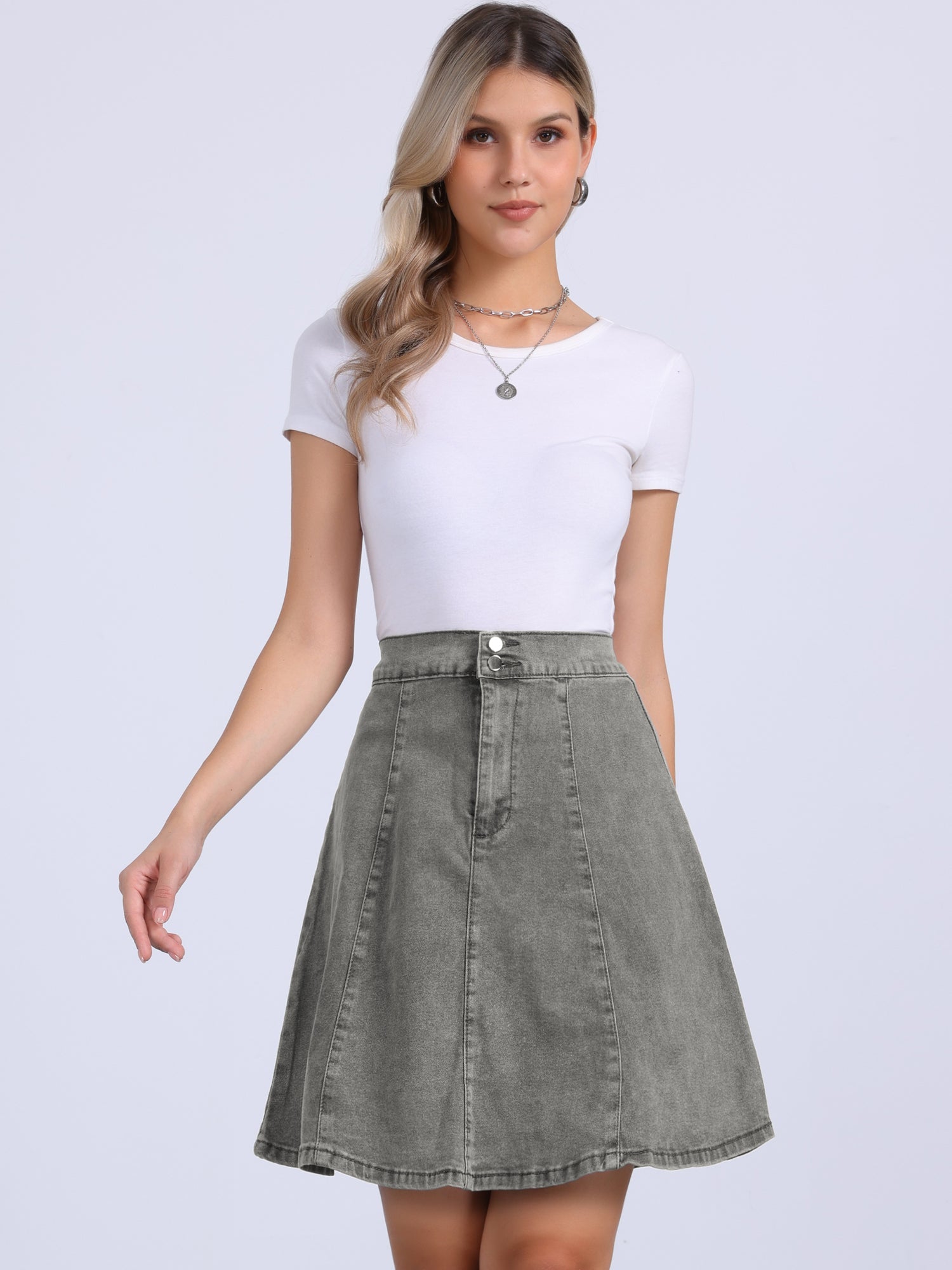 High Waisted A-Line Flared Casual Denim Midi Jean Skirt