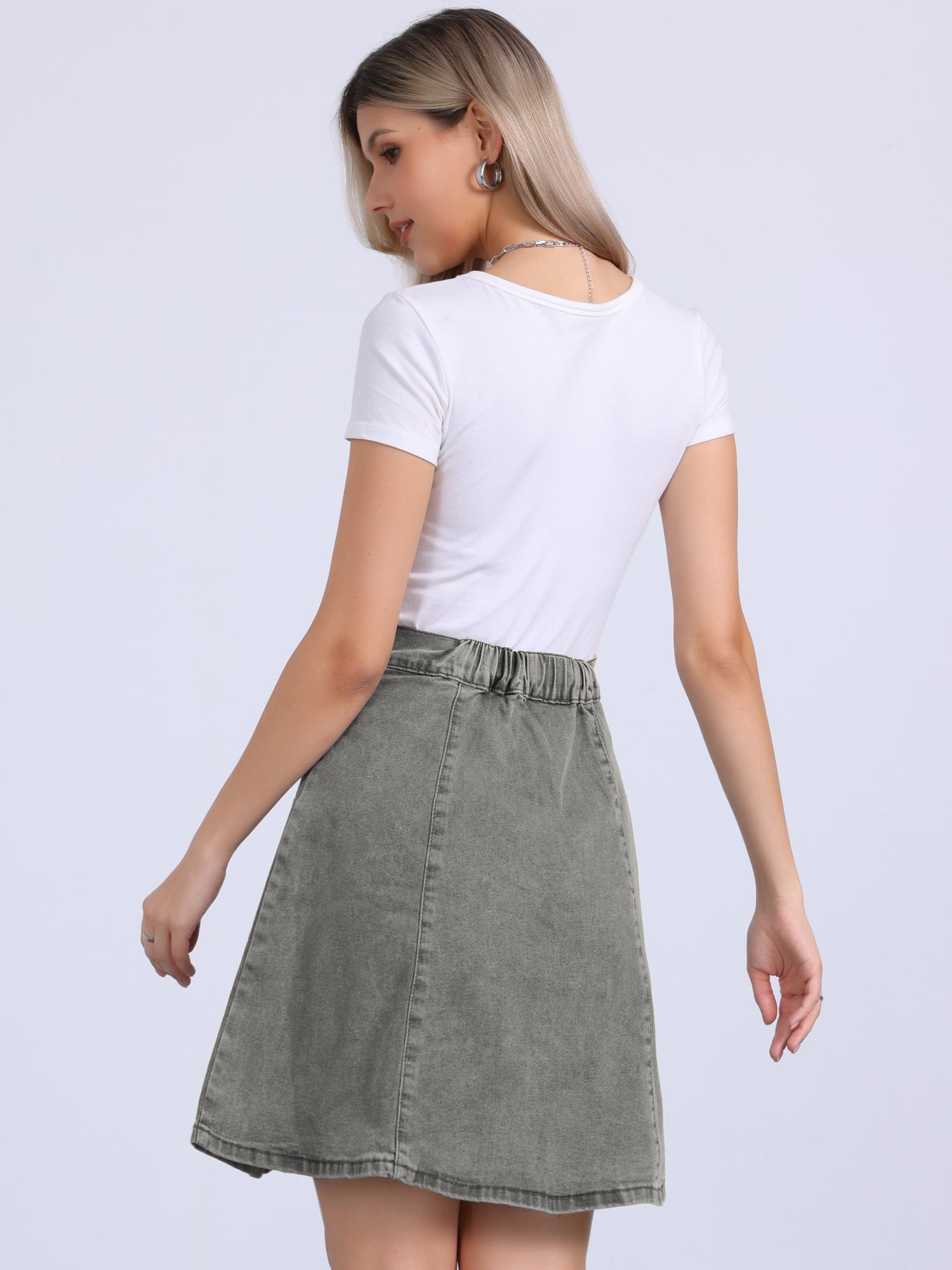 High Waisted A-Line Flared Casual Denim Midi Jean Skirt